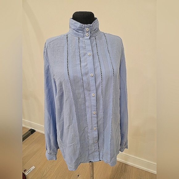 tru blouse Tops - Vintage Elegant Blue Button Down Shirt with Crochet EUR 44 M-L US 12